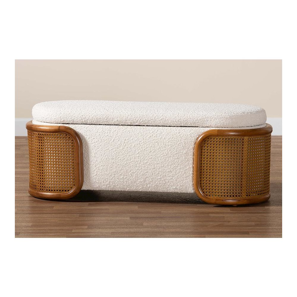 Baxton Studio Basira Japandi Cream Boucle Fabric Storage Bench with Woven Rattan. Picture 10