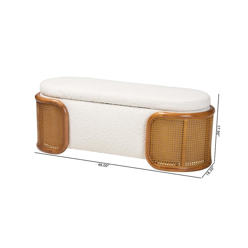 Baxton Studio Basira Japandi Cream Boucle Fabric Storage Bench with Woven Rattan. Picture 11