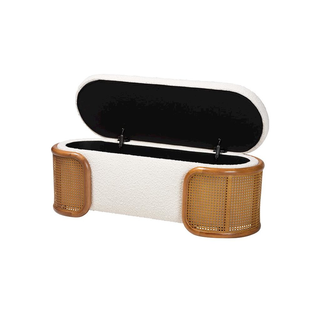 Baxton Studio Basira Japandi Cream Boucle Fabric Storage Bench with Woven Rattan. Picture 2