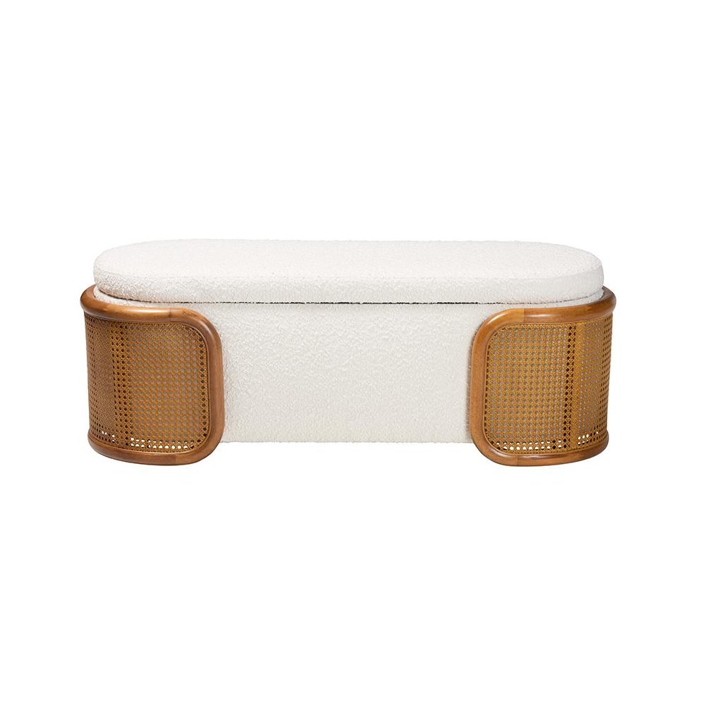 Baxton Studio Basira Japandi Cream Boucle Fabric Storage Bench with Woven Rattan. Picture 3