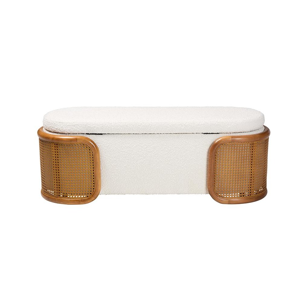 Baxton Studio Basira Japandi Cream Boucle Fabric Storage Bench with Woven Rattan. Picture 5