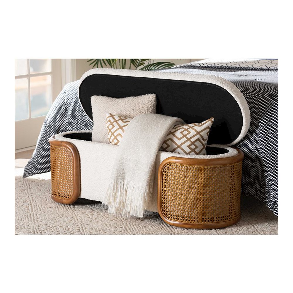 Baxton Studio Basira Japandi Cream Boucle Fabric Storage Bench with Woven Rattan. Picture 9