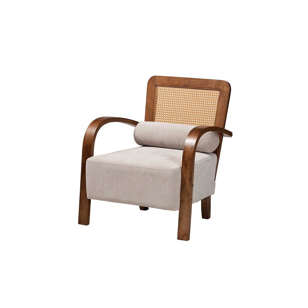 Modern Japandi Light Grey Fabric and Walnut Brown Finished Wood Arm Chair. Picture 1