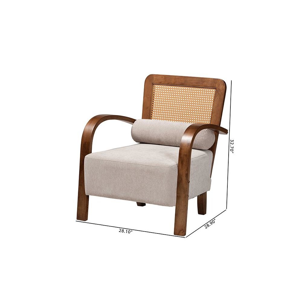 Modern Japandi Light Grey Fabric and Walnut Brown Finished Wood Arm Chair. Picture 10