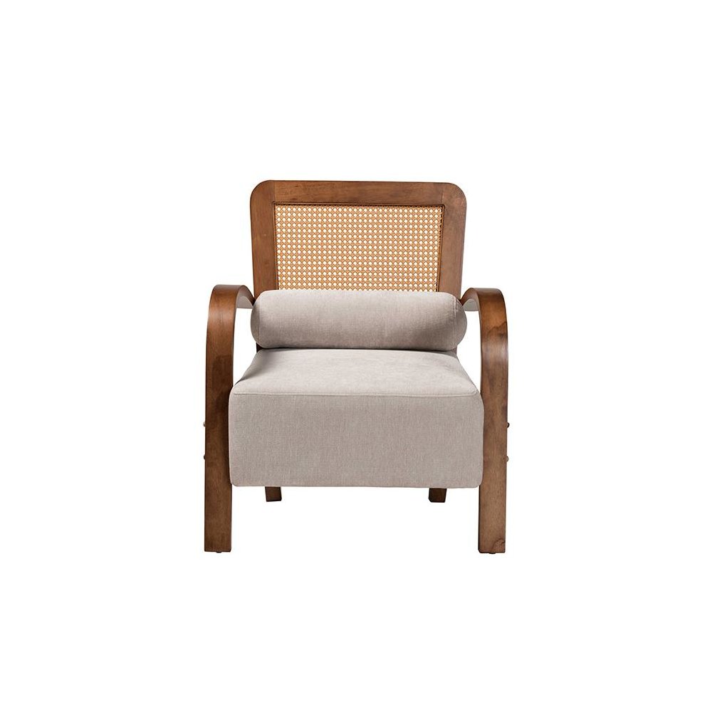 Modern Japandi Light Grey Fabric and Walnut Brown Finished Wood Arm Chair. Picture 2