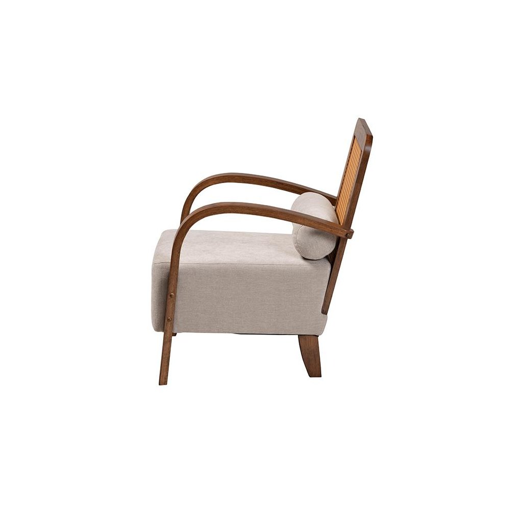 Modern Japandi Light Grey Fabric and Walnut Brown Finished Wood Arm Chair. Picture 3