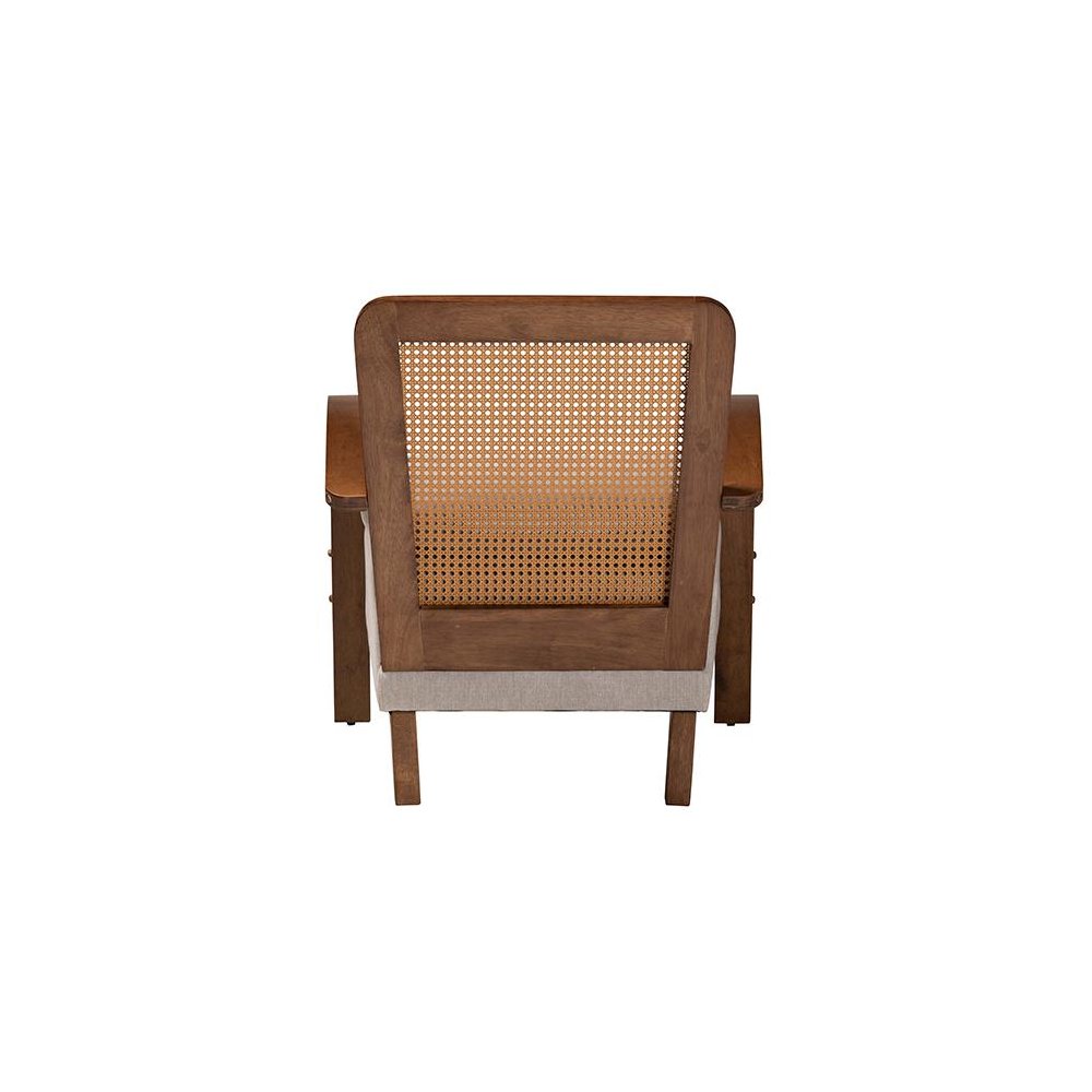 Modern Japandi Light Grey Fabric and Walnut Brown Finished Wood Arm Chair. Picture 4