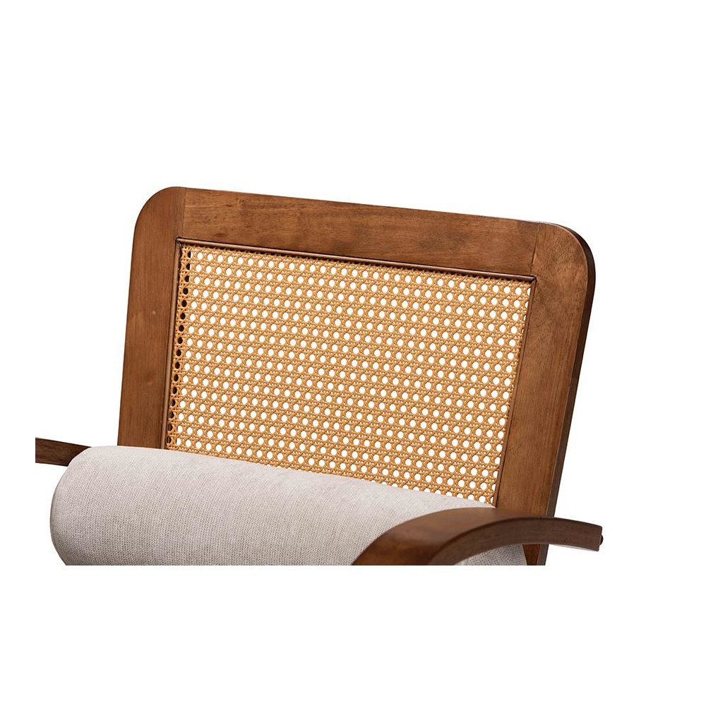 Modern Japandi Light Grey Fabric and Walnut Brown Finished Wood Arm Chair. Picture 5