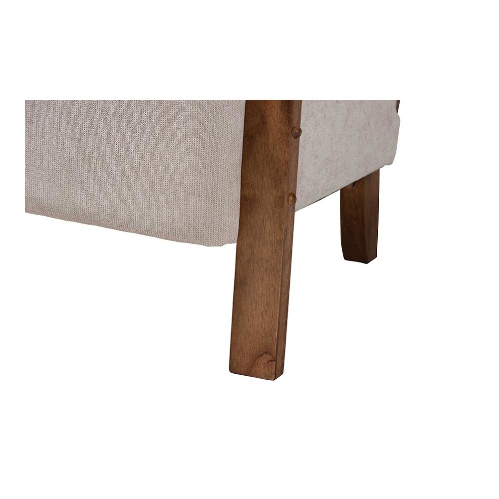 Modern Japandi Light Grey Fabric and Walnut Brown Finished Wood Arm Chair. Picture 6