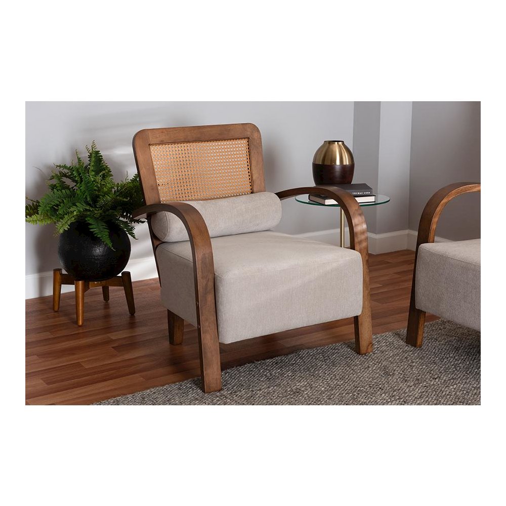 Modern Japandi Light Grey Fabric and Walnut Brown Finished Wood Arm Chair. Picture 8