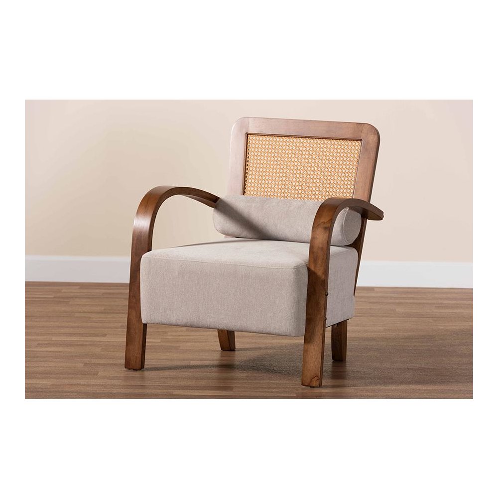 Modern Japandi Light Grey Fabric and Walnut Brown Finished Wood Arm Chair. Picture 9