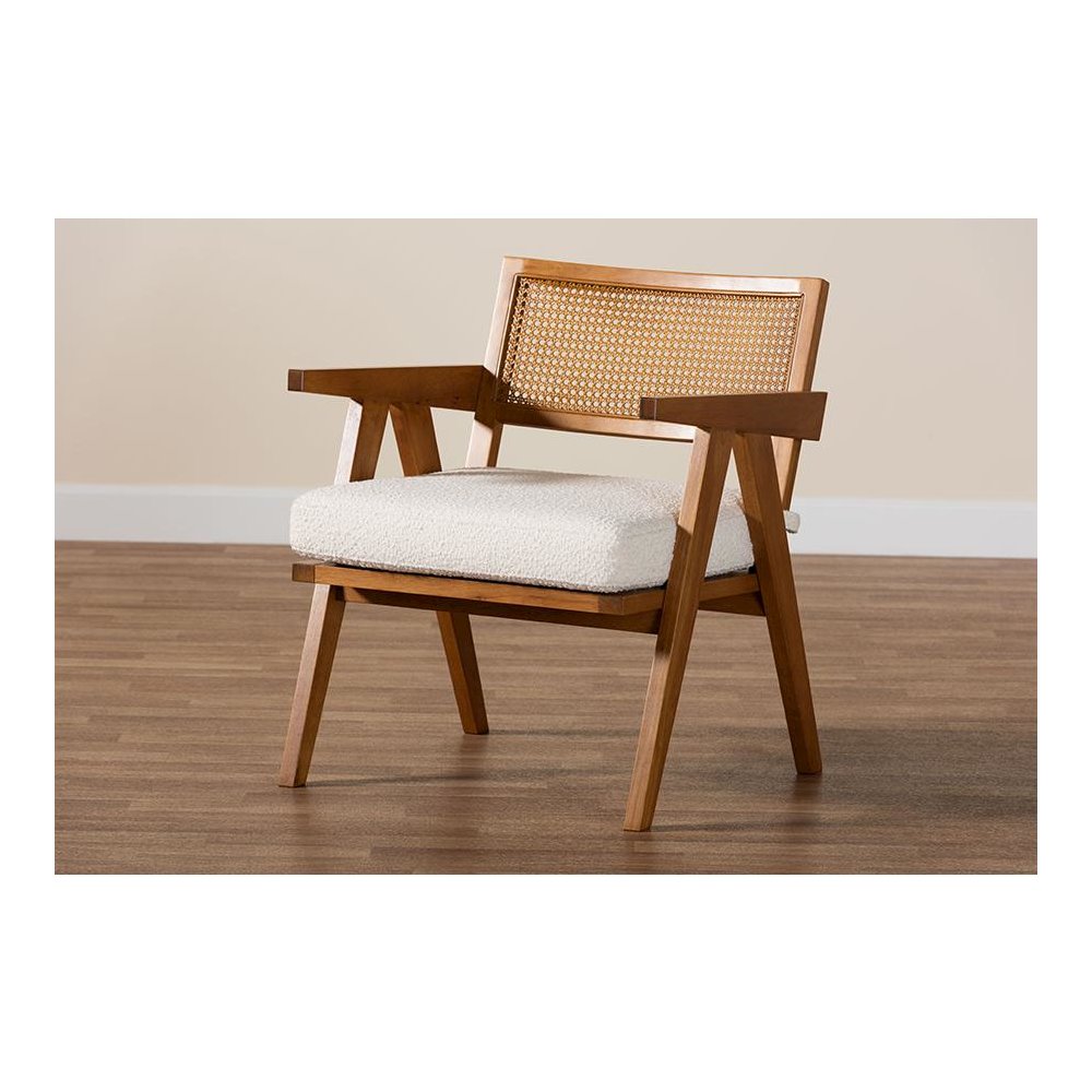 Jetsam Japandi Cream Boucle Fabric and Walnut Brown Finished Wood Arm Chair. Picture 9