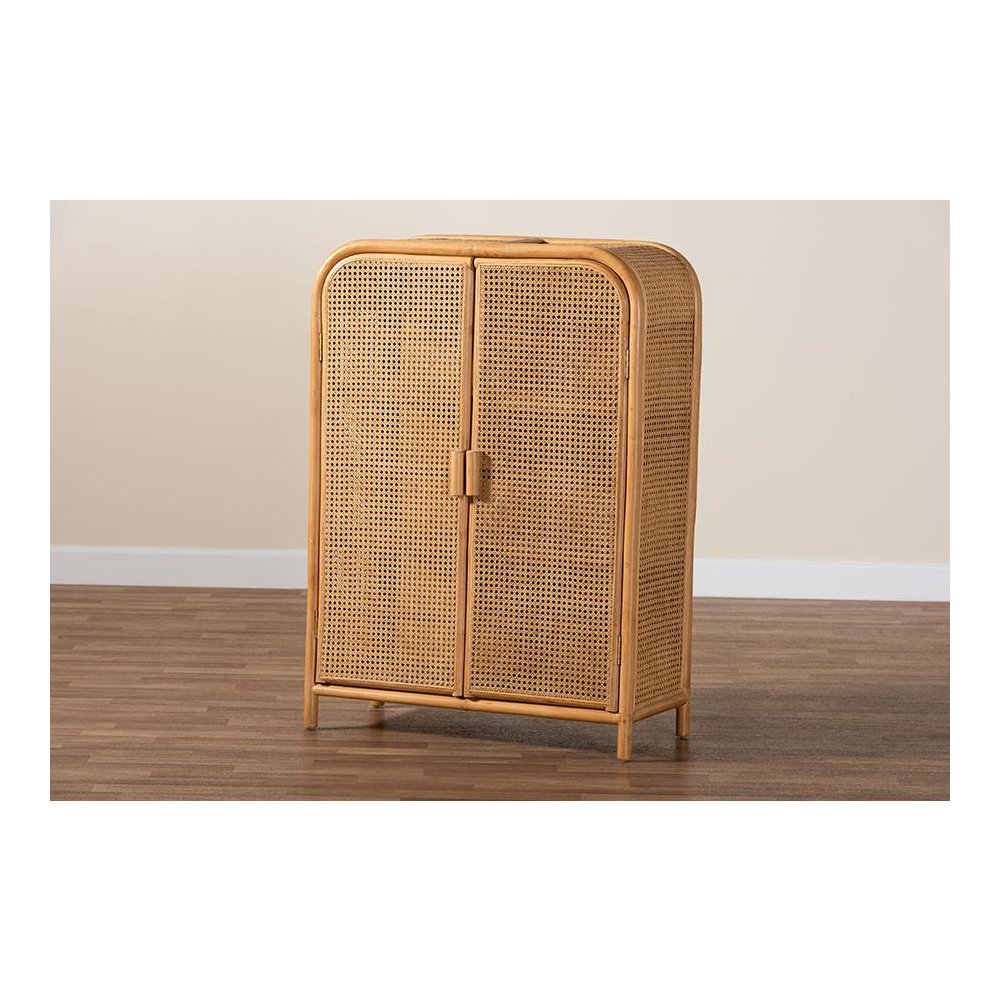 Curacao Modern Bohemian Light Honey Rattan 2-Door Storage Cabinet. Picture 9