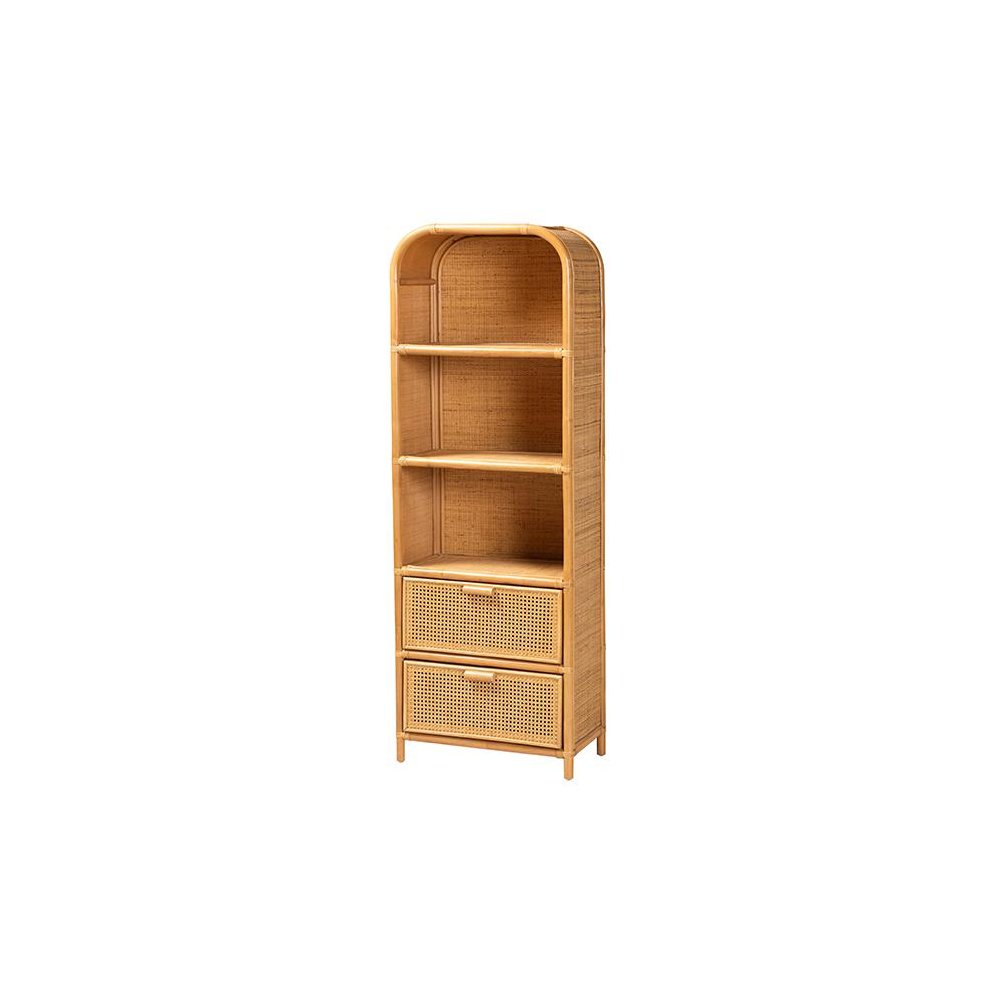 Curacao Modern Bohemian Light Honey Rattan 2-Drawer Bookcase. Picture 1