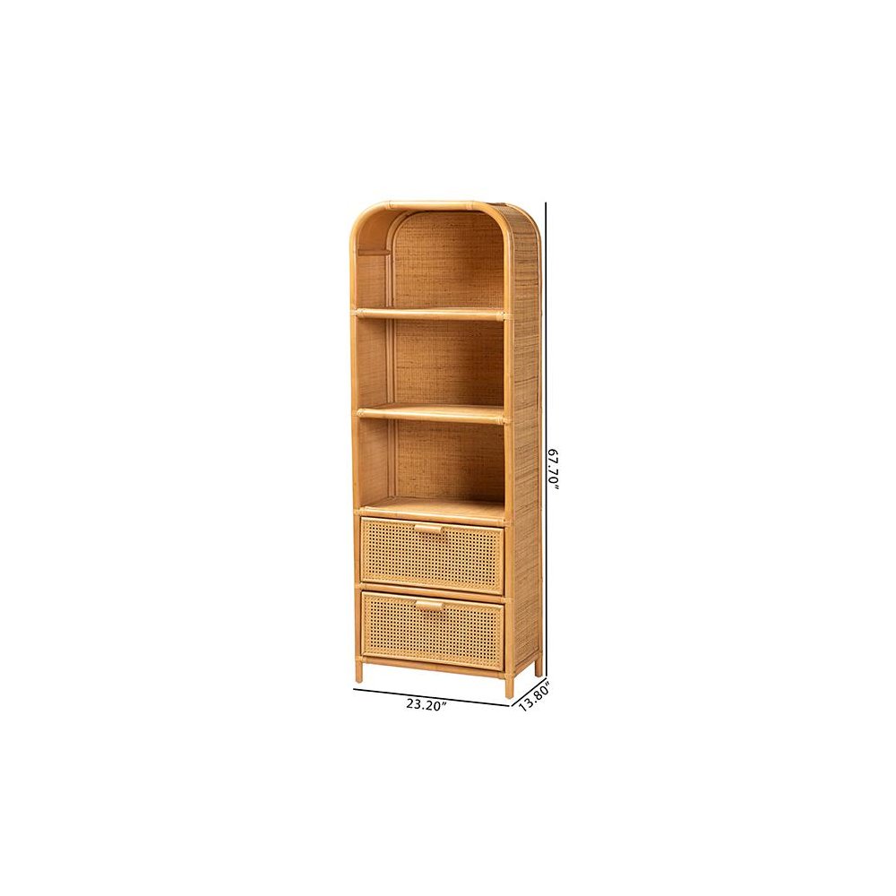 Curacao Modern Bohemian Light Honey Rattan 2-Drawer Bookcase. Picture 10