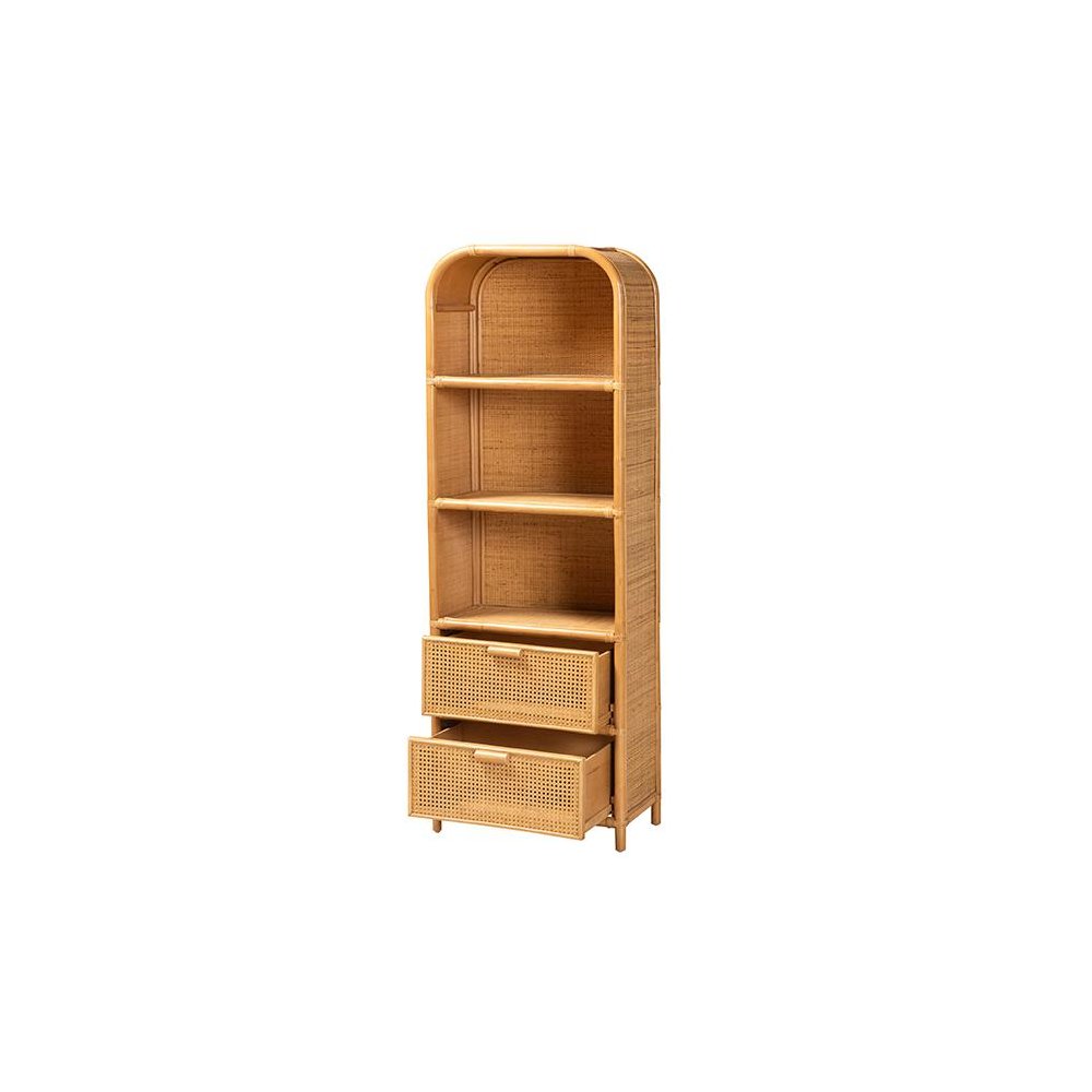 Curacao Modern Bohemian Light Honey Rattan 2-Drawer Bookcase. Picture 2