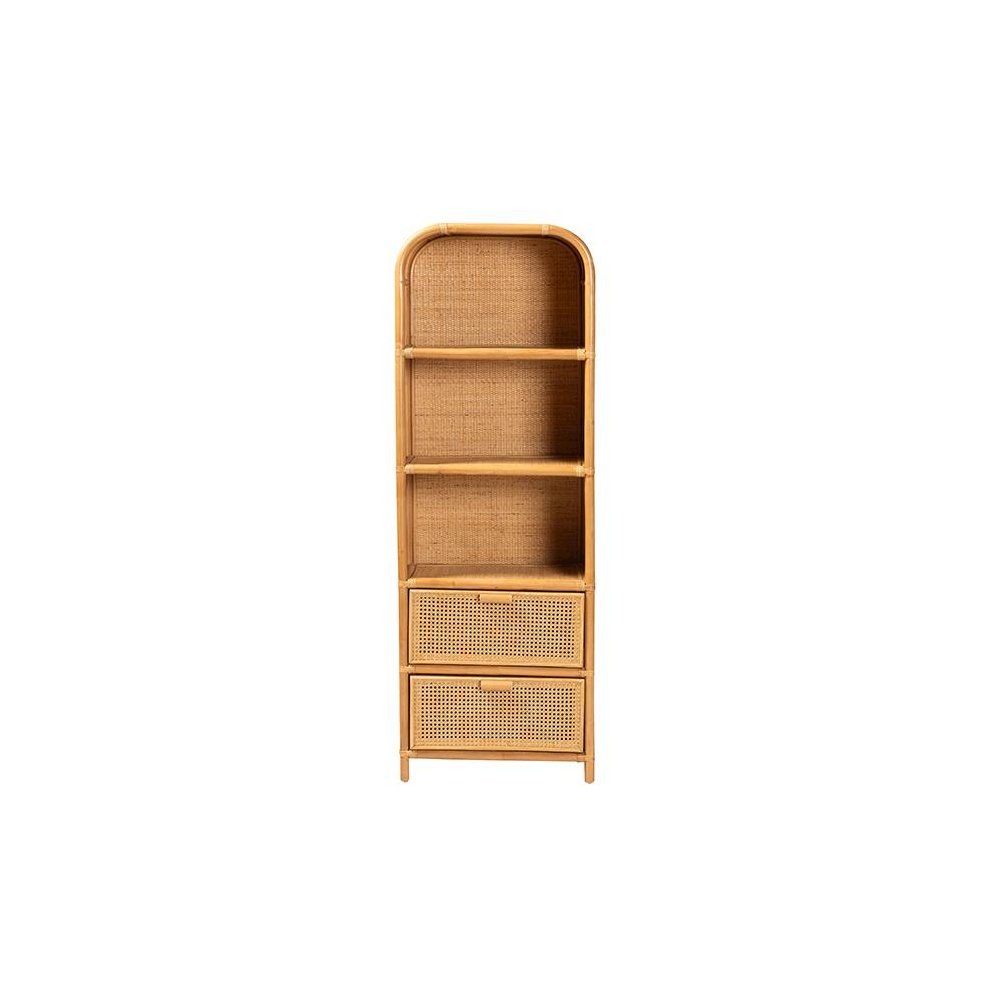 Curacao Modern Bohemian Light Honey Rattan 2-Drawer Bookcase. Picture 3