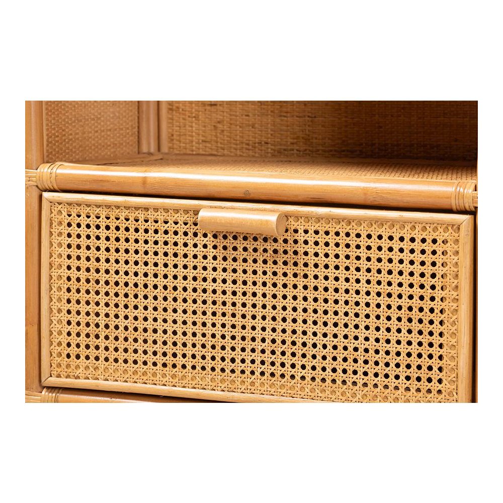 Curacao Modern Bohemian Light Honey Rattan 2-Drawer Bookcase. Picture 5