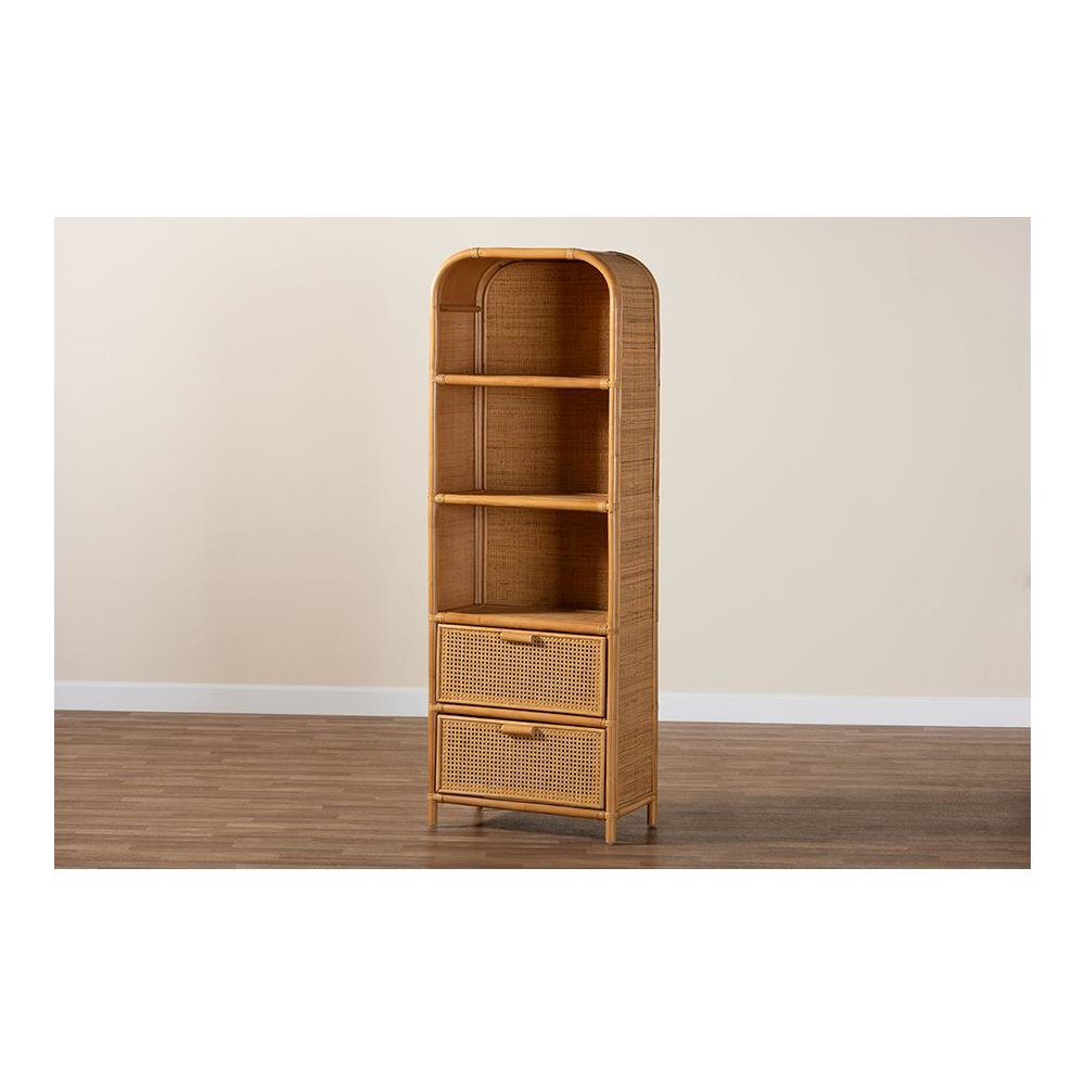 Curacao Modern Bohemian Light Honey Rattan 2-Drawer Bookcase. Picture 9
