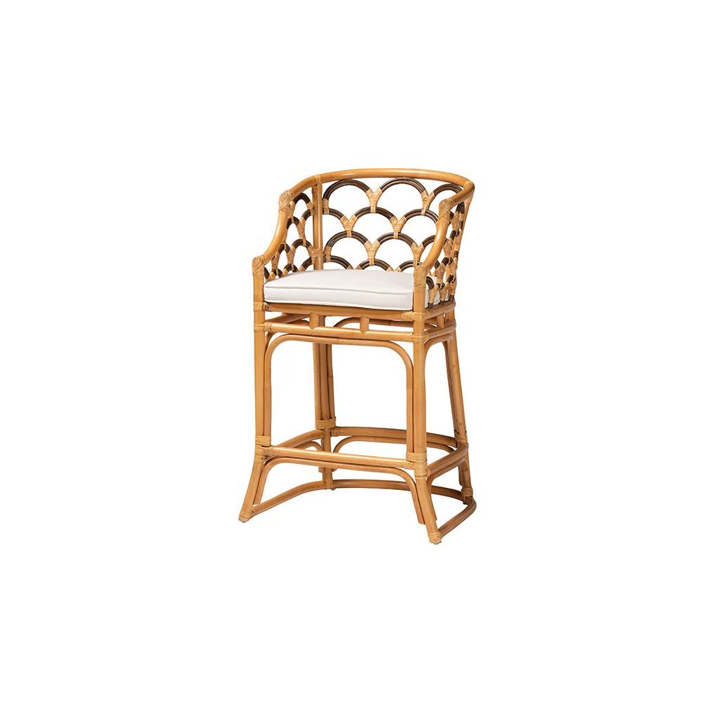 Veneto Modern Bohemian Light Honey and Dark Brown Rattan Bar Stool. Picture 1