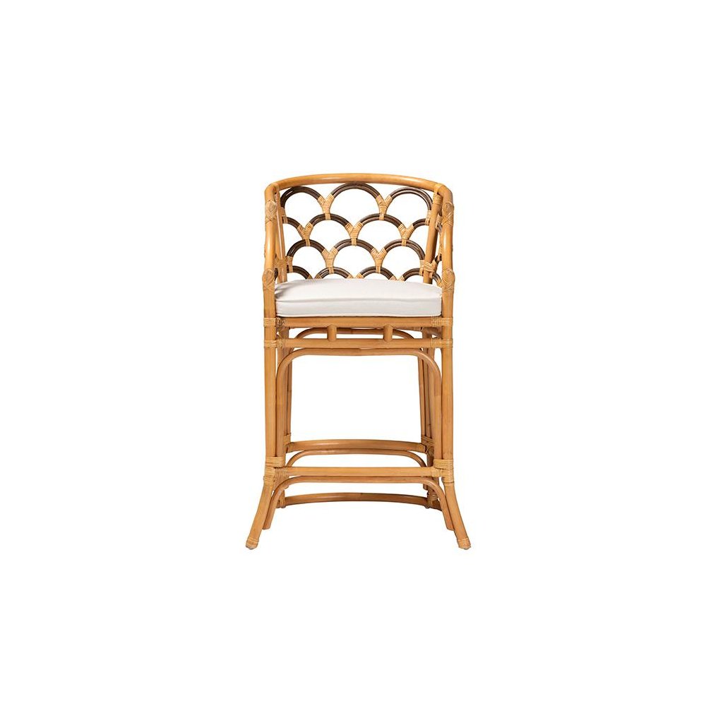 Veneto Modern Bohemian Light Honey and Dark Brown Rattan Bar Stool. Picture 2