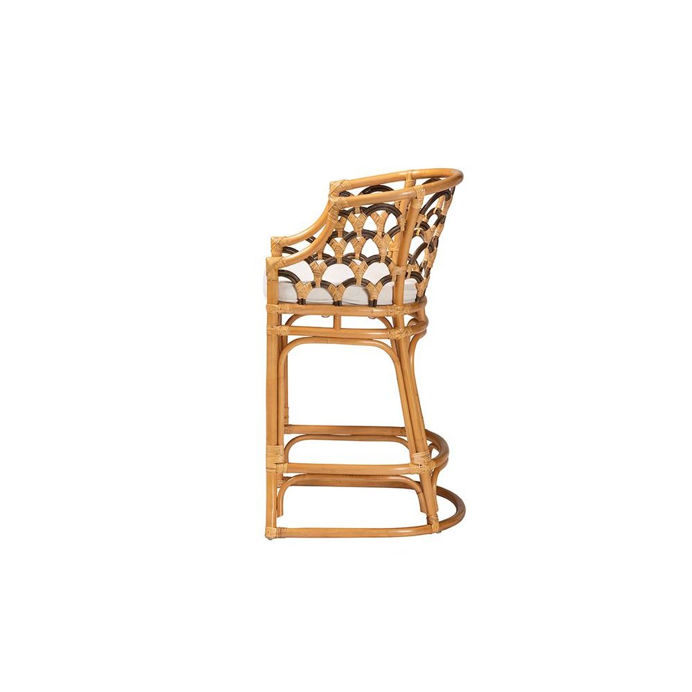 Veneto Modern Bohemian Light Honey and Dark Brown Rattan Bar Stool. Picture 3