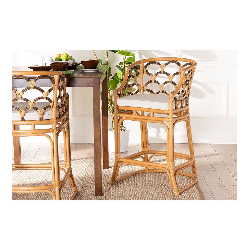 Veneto Modern Bohemian Light Honey and Dark Brown Rattan Bar Stool. Picture 8
