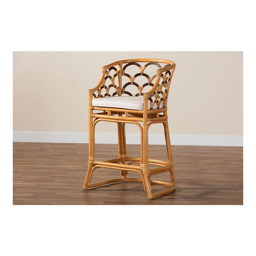 Veneto Modern Bohemian Light Honey and Dark Brown Rattan Bar Stool. Picture 9