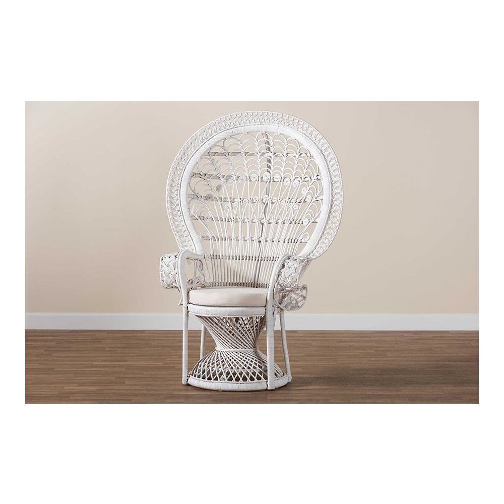 Kallima Modern Bohemian White Natural Rattan Peacock Chair. Picture 9
