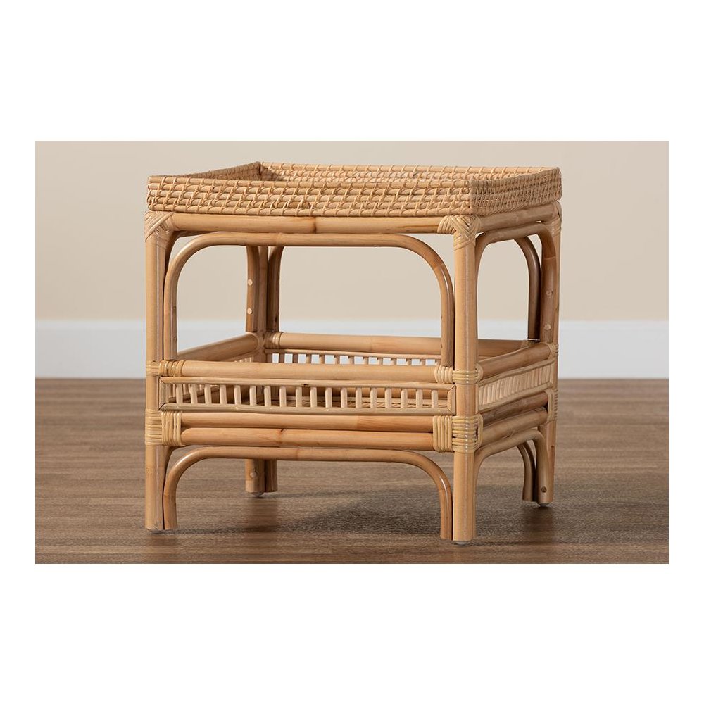 Lombok Modern Bohemian Natural Rattan End Table. Picture 7