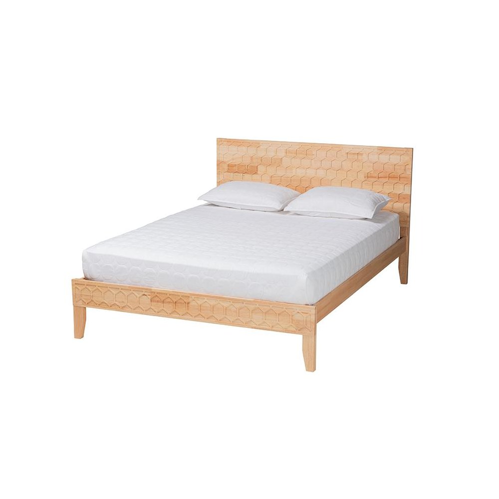 Hosea Japandi Carved Honeycomb Natural Queen Size Platform Bed. Picture 1