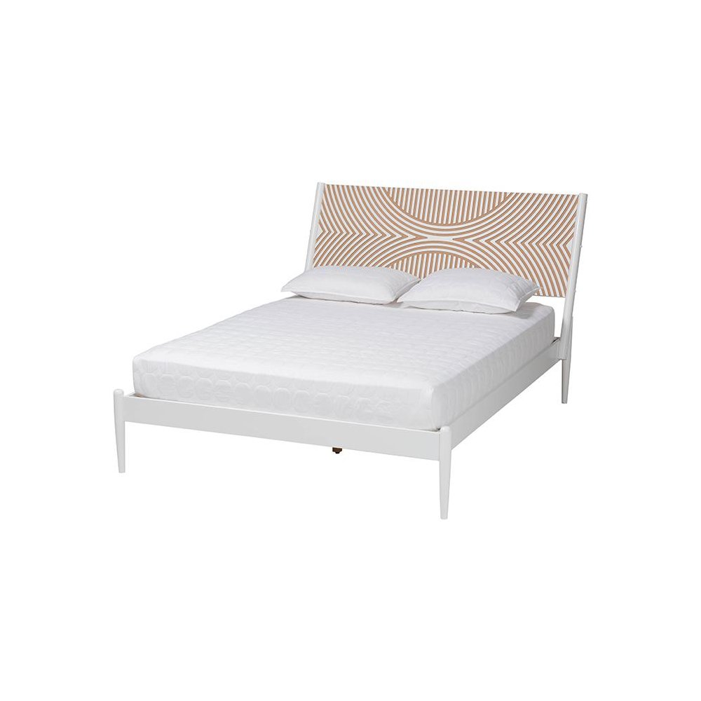Louetta Coastal White Queen Size Platform Bed with Carved Contrasting Headboard. Picture 1