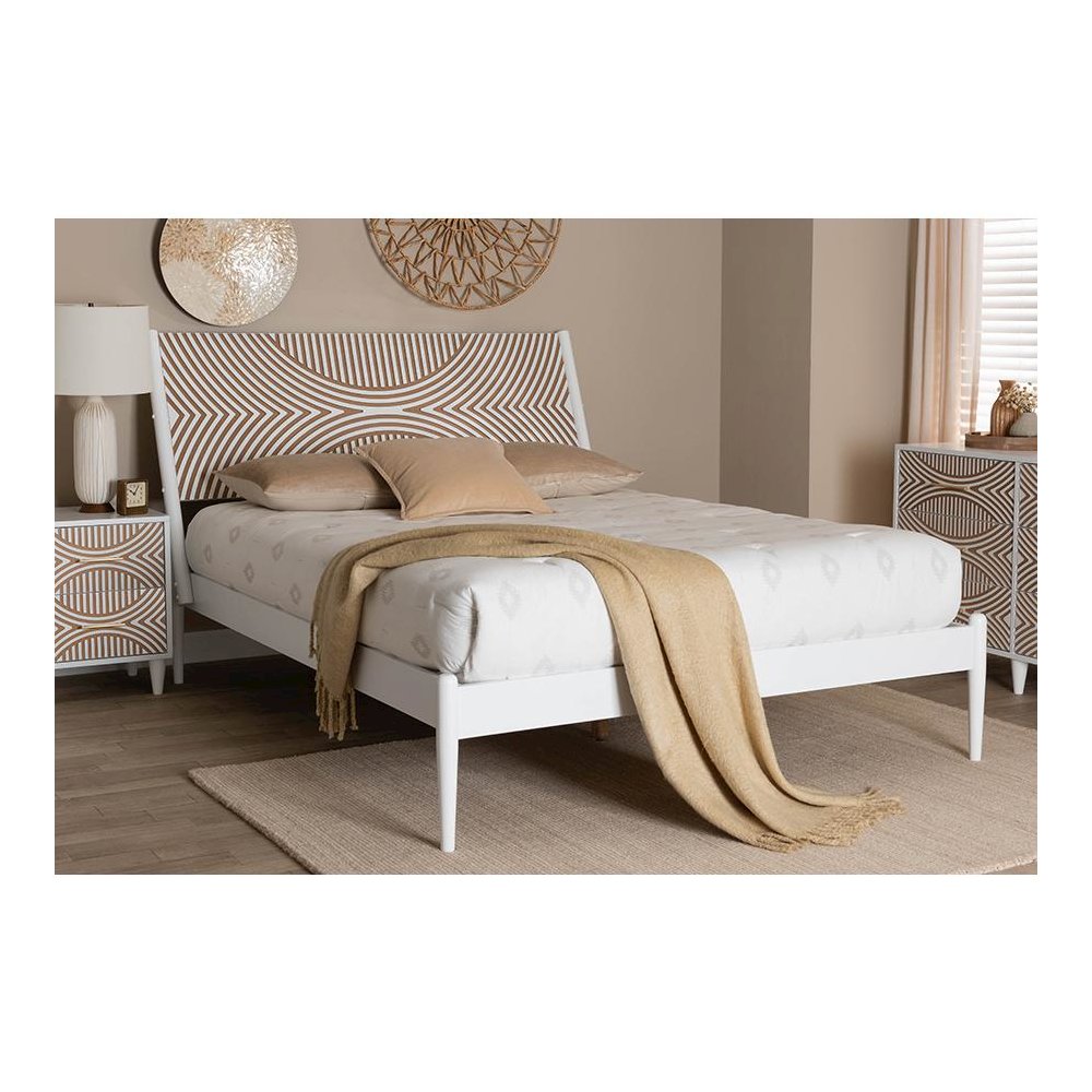 Louetta Coastal White Queen Size Platform Bed with Carved Contrasting Headboard. Picture 7