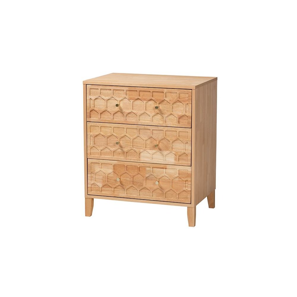 Hosea Japandi Carved Honeycomb Natural 3-Drawer Chest. Picture 1