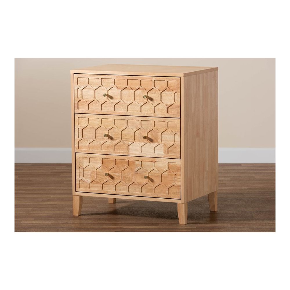 Hosea Japandi Carved Honeycomb Natural 3-Drawer Chest. Picture 9