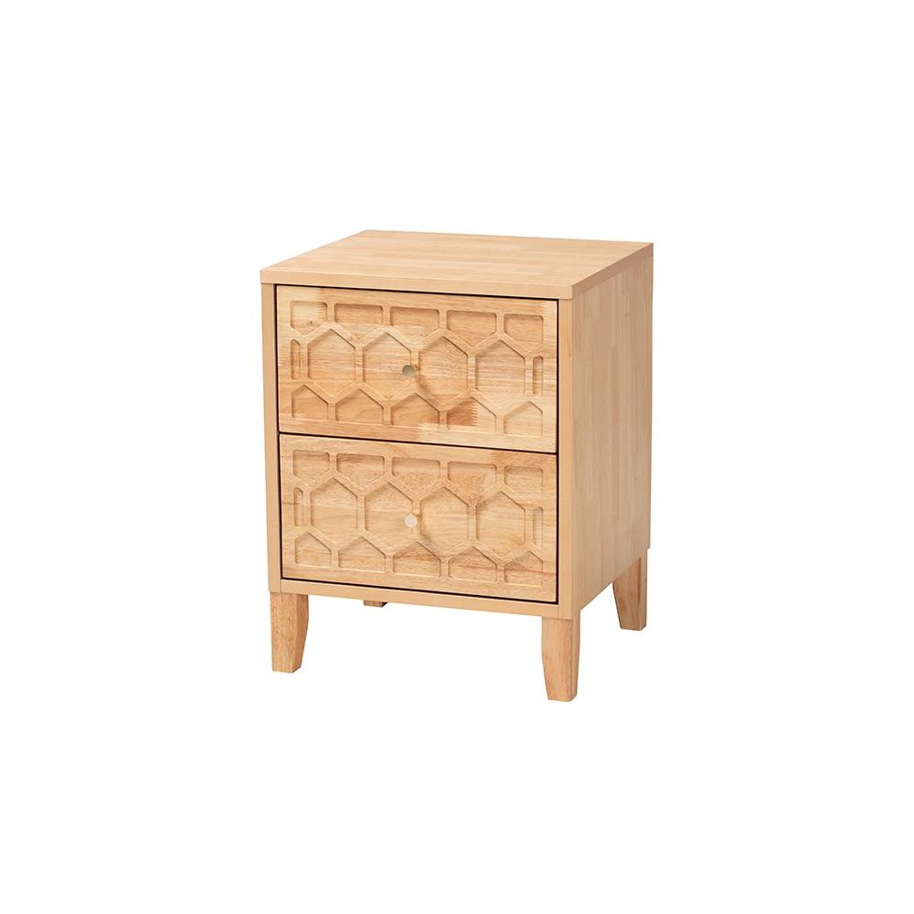 Hosea Japandi Carved Honeycomb Natural 2-Drawer Nightstand. Picture 1