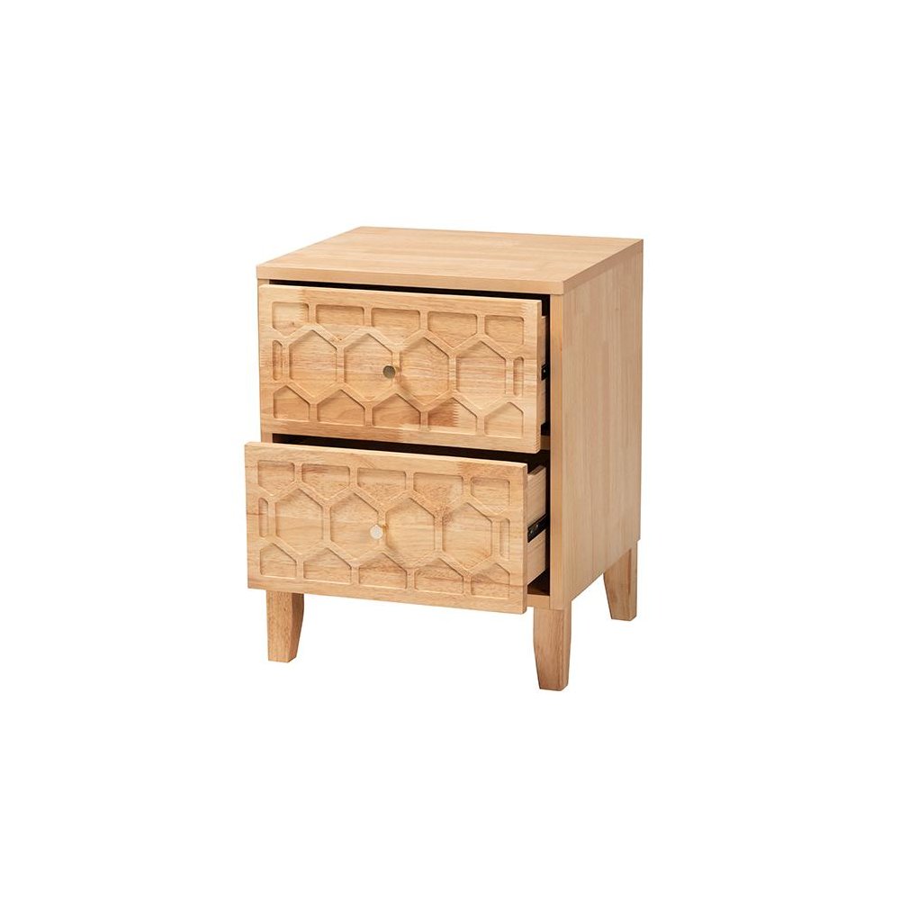 Hosea Japandi Carved Honeycomb Natural 2-Drawer Nightstand. Picture 2
