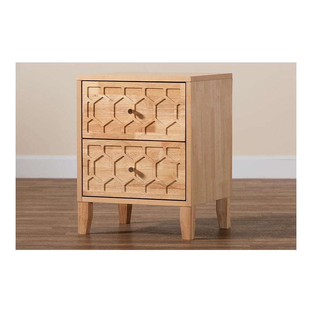 Hosea Japandi Carved Honeycomb Natural 2-Drawer Nightstand. Picture 9