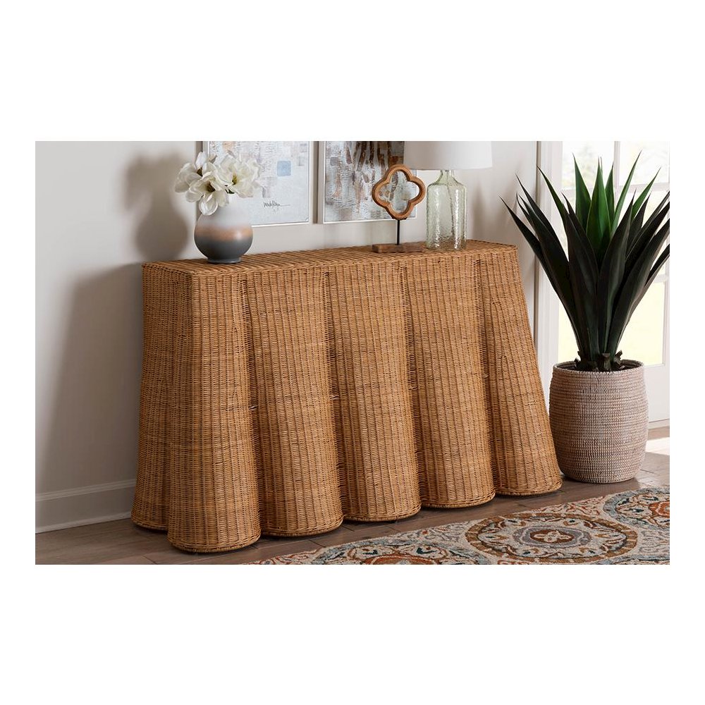 Palm Bohemian Honey Scallop Rattan Console Table. Picture 7