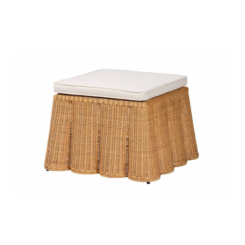 Palm Bohemian Honey Scallop Rattan Ottoman. Picture 1