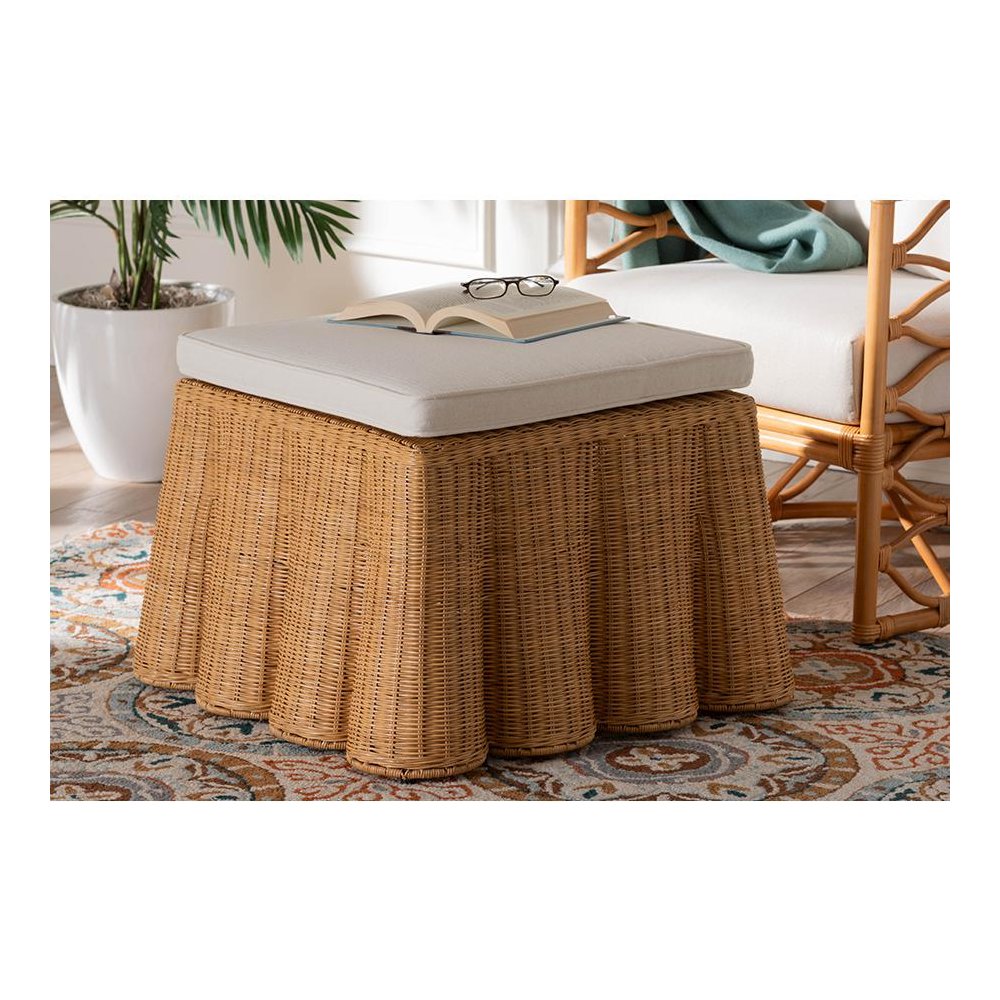 Palm Bohemian Honey Scallop Rattan Ottoman. Picture 5