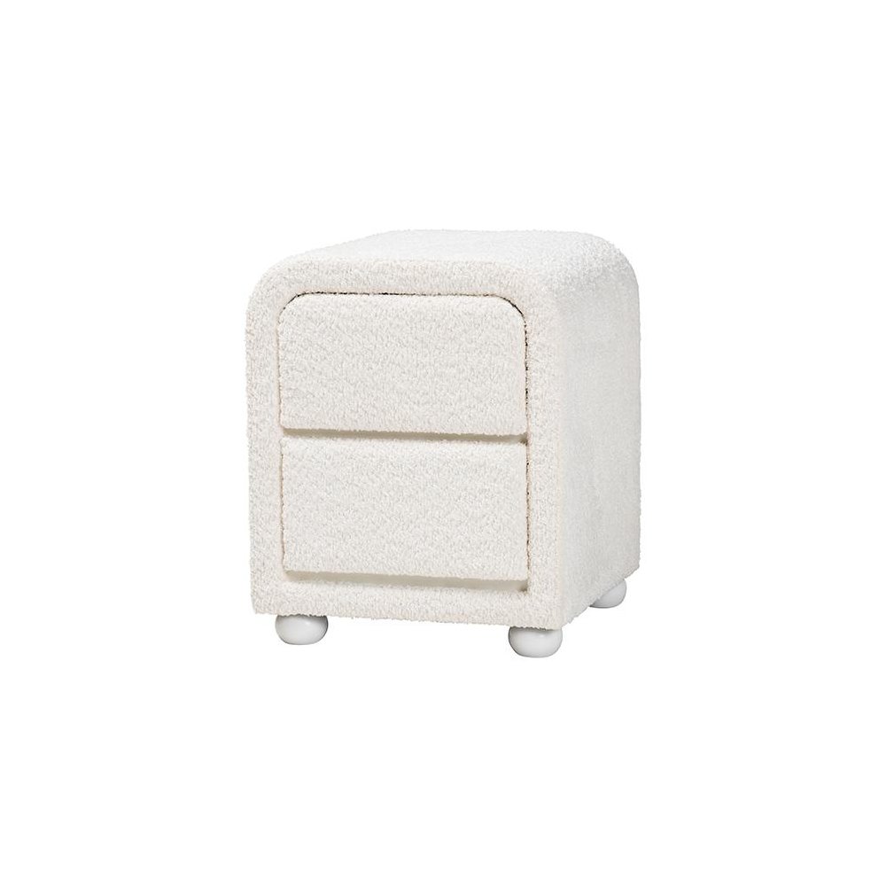 Bonilla Modern White Teddy-Bear Fabric and Rubberwood 2-Drawer Nightstand. Picture 1