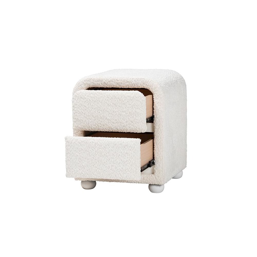 Bonilla Modern White Teddy-Bear Fabric and Rubberwood 2-Drawer Nightstand. Picture 2
