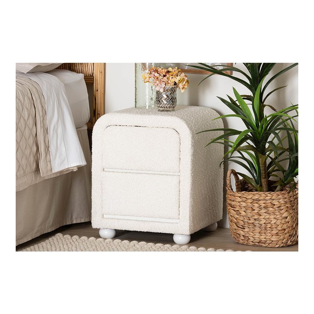 Bonilla Modern White Teddy-Bear Fabric and Rubberwood 2-Drawer Nightstand. Picture 7