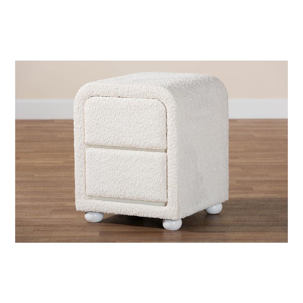 Bonilla Modern White Teddy-Bear Fabric and Rubberwood 2-Drawer Nightstand. Picture 8