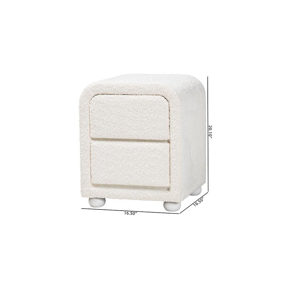 Bonilla Modern White Teddy-Bear Fabric and Rubberwood 2-Drawer Nightstand. Picture 9