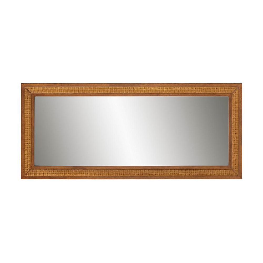 Rowanne Mid-Century Modern Walnut Brown Rubberwood and Rattan Frame Wall Mirror. Picture 2
