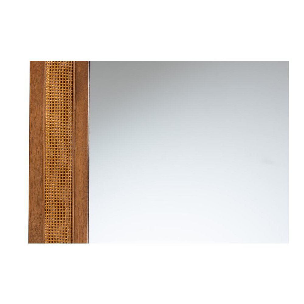 Rowanne Mid-Century Modern Walnut Brown Rubberwood and Rattan Frame Wall Mirror. Picture 3