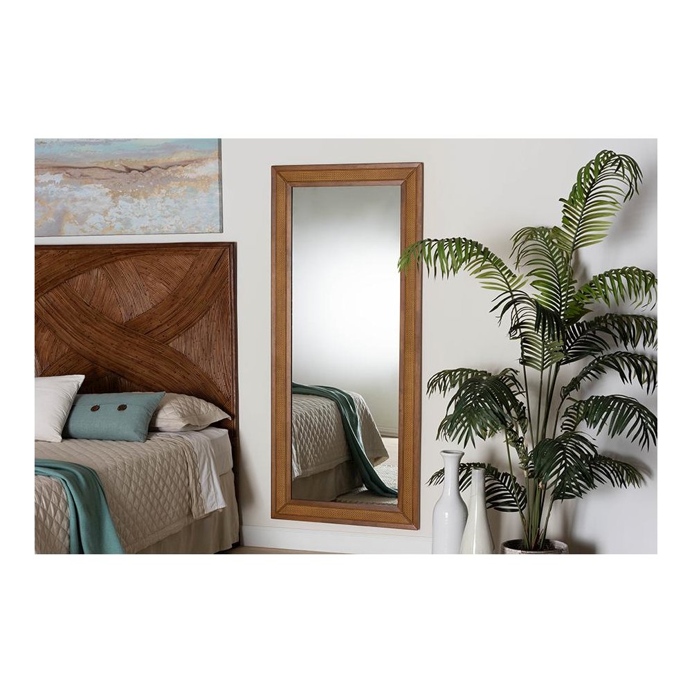 Rowanne Mid-Century Modern Walnut Brown Rubberwood and Rattan Frame Wall Mirror. Picture 4