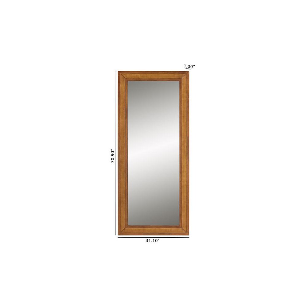 Rowanne Mid-Century Modern Walnut Brown Rubberwood and Rattan Frame Wall Mirror. Picture 5